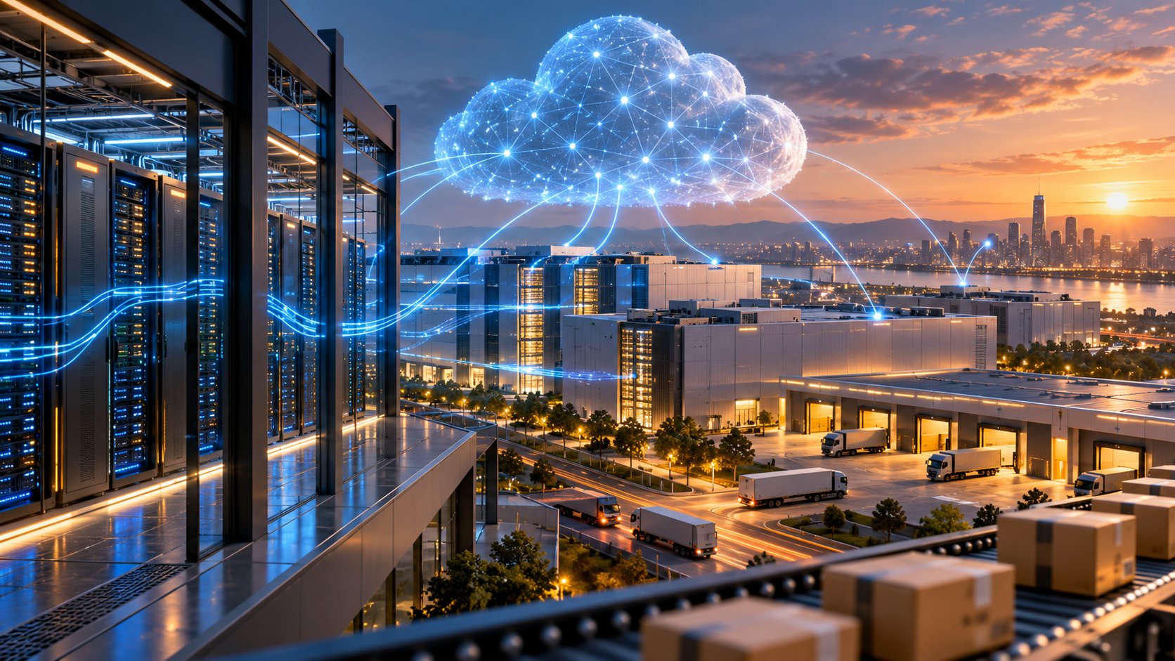 Illustrative cloud data center and delivery network connected by glowing AI lines