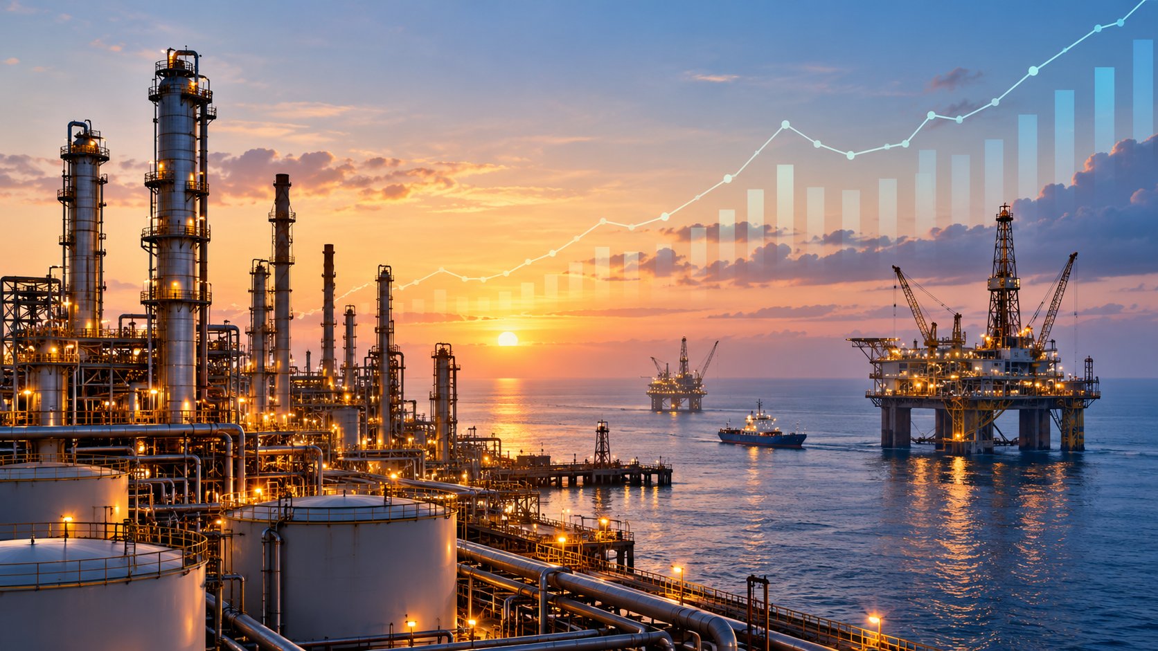 Illustrative refinery and offshore production platforms at sunset with a rising data chart